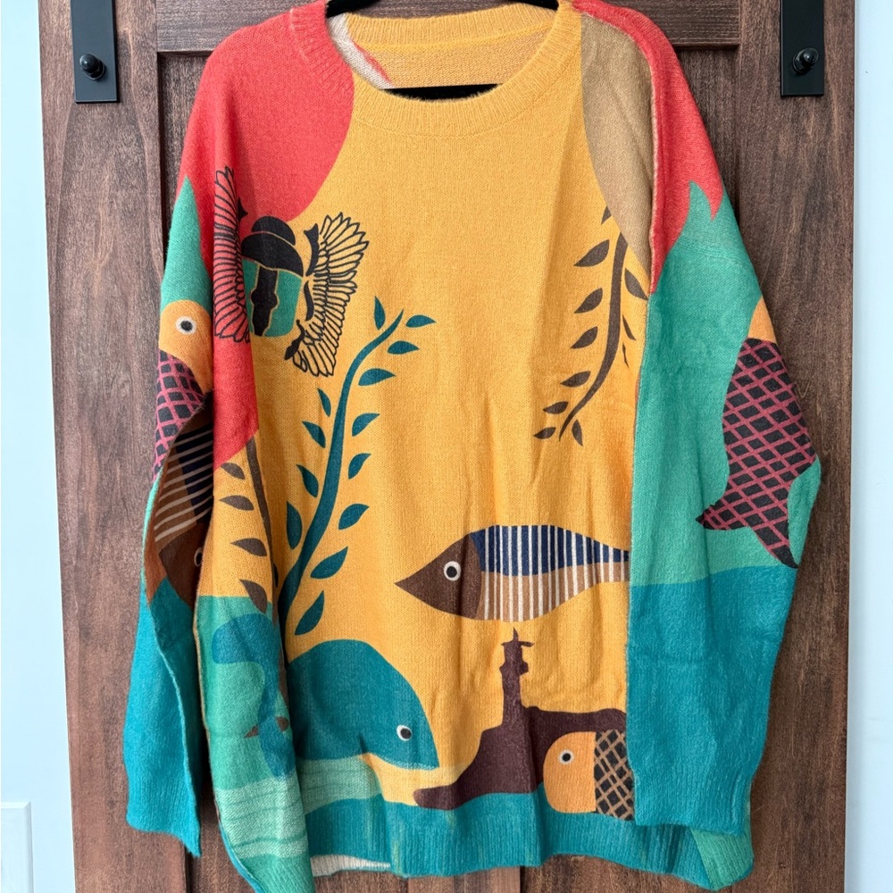 Wool Blend Sweater Plush Fish/ sea life  Print Outdoor Winter Oversized women’s - Picture 3 of 10